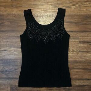 Vintage Black Beaded Embellished Tank Top Sleeveless Knit Y2K‎ Party Top Medium
